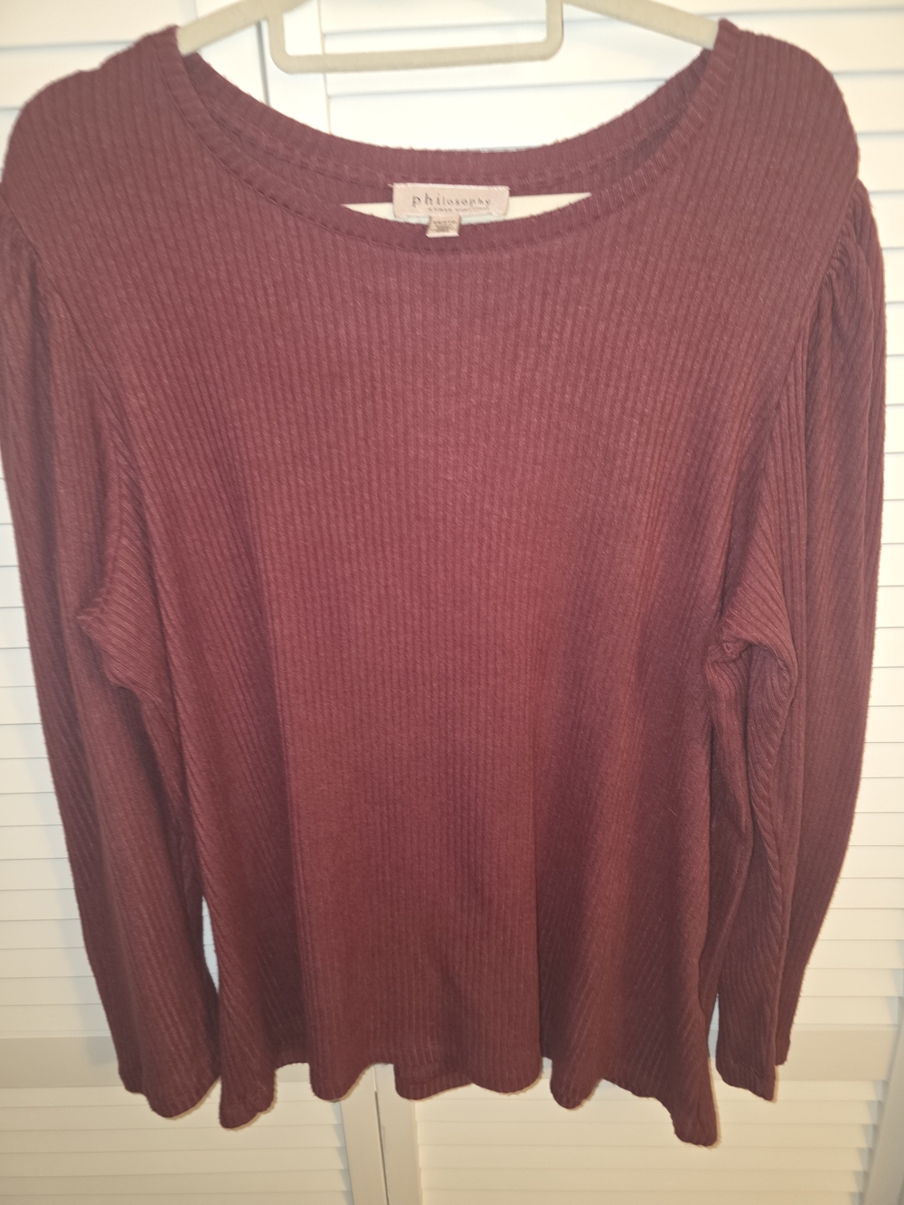 Women's Philosophy XXL Burgundy Soft Ribbed Lightweight Sweater Rouched Shoulder